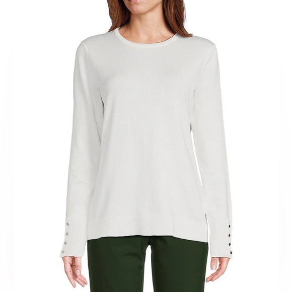 Investments Basic White Sweater Gold Button Cuffs Medium New with Tags Crew Neck - Picture 1 of 7